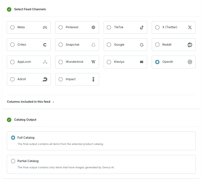 Genus AI supported catalog channels including ChatGPT